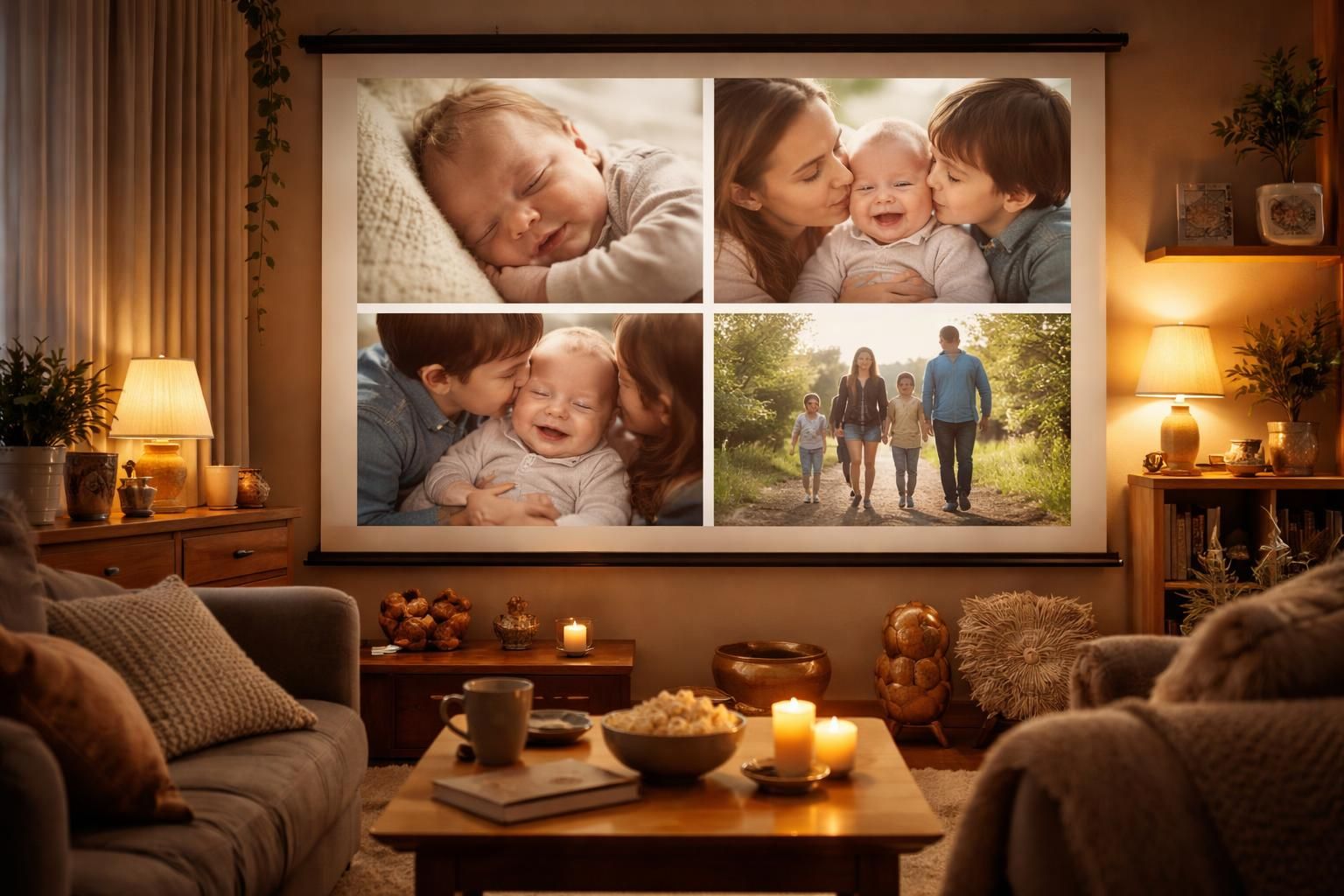 immortalisez les précieux souvenirs de bébé avec nos photos de famille diffusées sur écran de projection, pour revivre chaque moment en beauté.