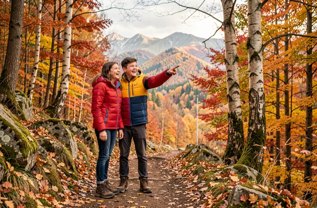 Deux adolescents en randonnée sur un sentier de montagne entouré de feuillages automnaux colorés pendant les vacances scolaires d'octobre