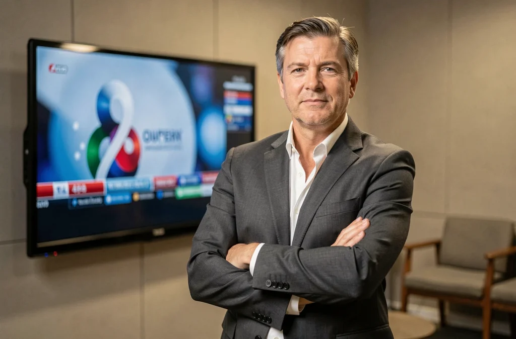 Animateur télévisé posant devant un décor de plateau, symbolisant les questions de notoriété publique et de vie personnelle exposée dans les médias