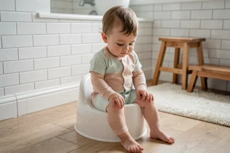 Tout-petit assis calmement sur un petit pot blanc dans une salle de bain familiale lumineuse, illustrant l'apprentissage de la propreté sans stress