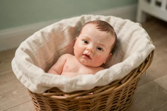 Bébé reborne en silicone dans un couffin en osier avec tissu mousseline ivoire, détails réalistes de peau et cheveux peints à la main