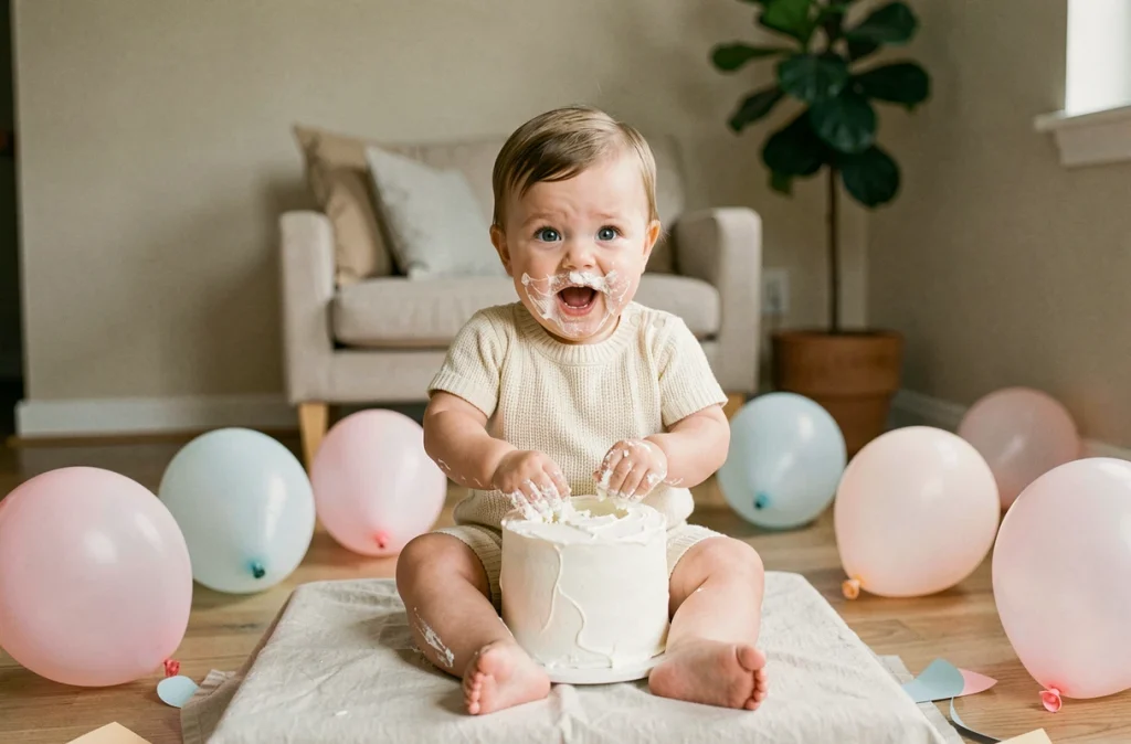 Bébé d'un an souriant les mains dans son gâteau d'anniversaire entouré de ballons pastel dans un salon moderne