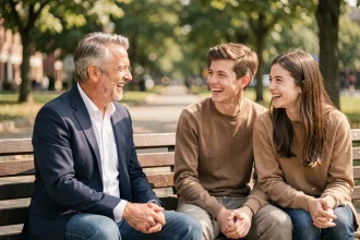 Benjamin Castaldi en discussion chaleureuse avec ses enfants adolescents dans un parc urbain