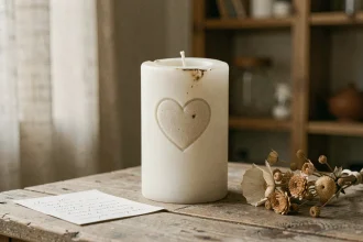 Bougie blanche gravée d'un cœur posée sur une surface en bois brut avec des fleurs séchées, symbole de deuil discret et de souvenir