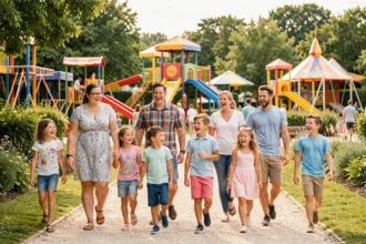 Familles joyeuses se promenant dans un centre de loisirs en Nouvelle-Aquitaine, entourées d'attractions colorées et de verdure