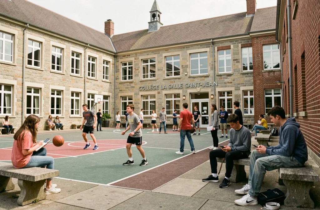 Cour de récréation du Collège privé La Salle Saint-Jean avec des collégiens pendant la pause