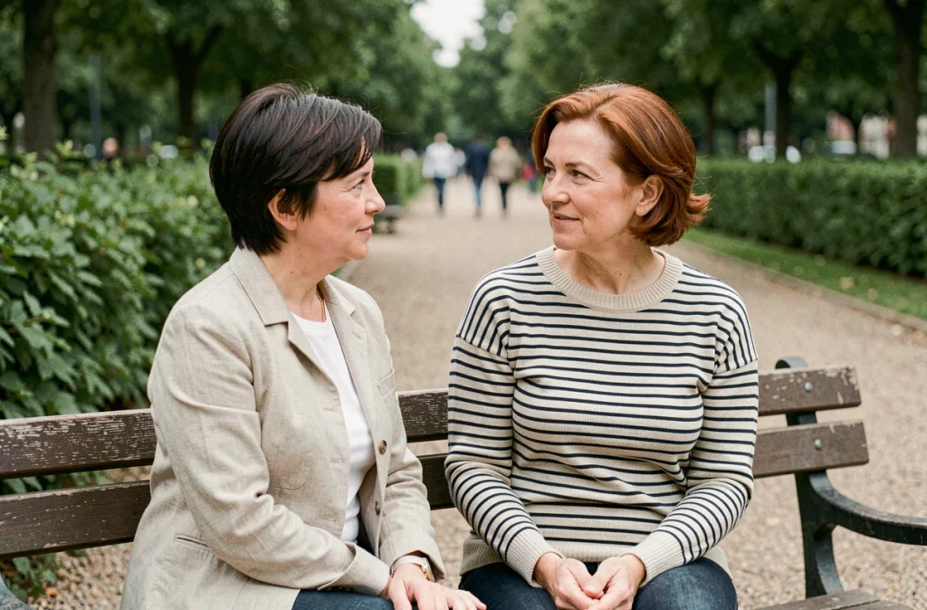Deux femmes discutant sur un banc de parc, évoquant les questions de vie privée et de rumeurs concernant des célébrités et leur entourage