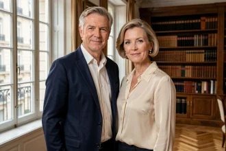 Couple élégant d'une cinquantaine d'années dans un appartement parisien haussmannien, illustrant l'univers du couple Hervouët