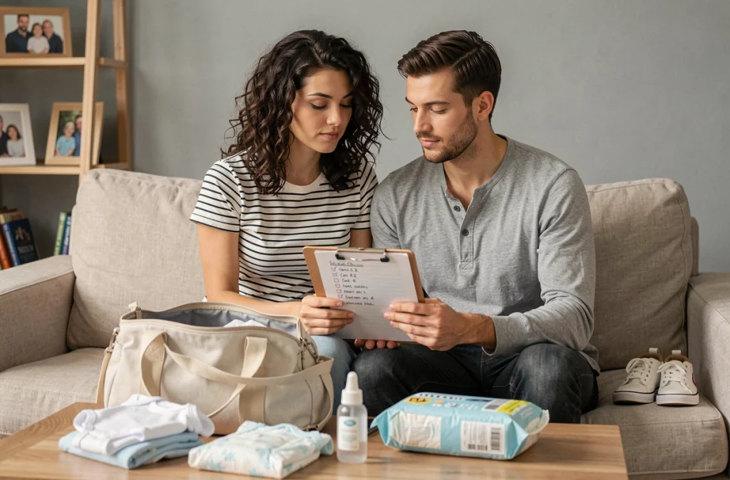 Couple de parents préparant le sac de maternité et la liste d'arrivée du deuxième enfant