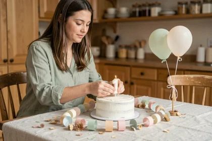 Maman décorant un gâteau smash cake pour le premier anniversaire de son bébé dans une cuisine chaleureuse et naturelle