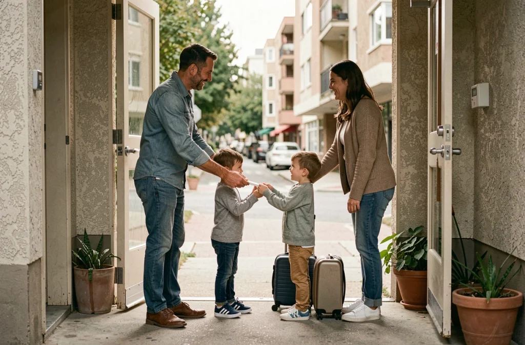 Échange de garde d'enfants entre deux parents coopératifs à l'entrée d'un immeuble dans le cadre d'un calendrier semaine paire impaire