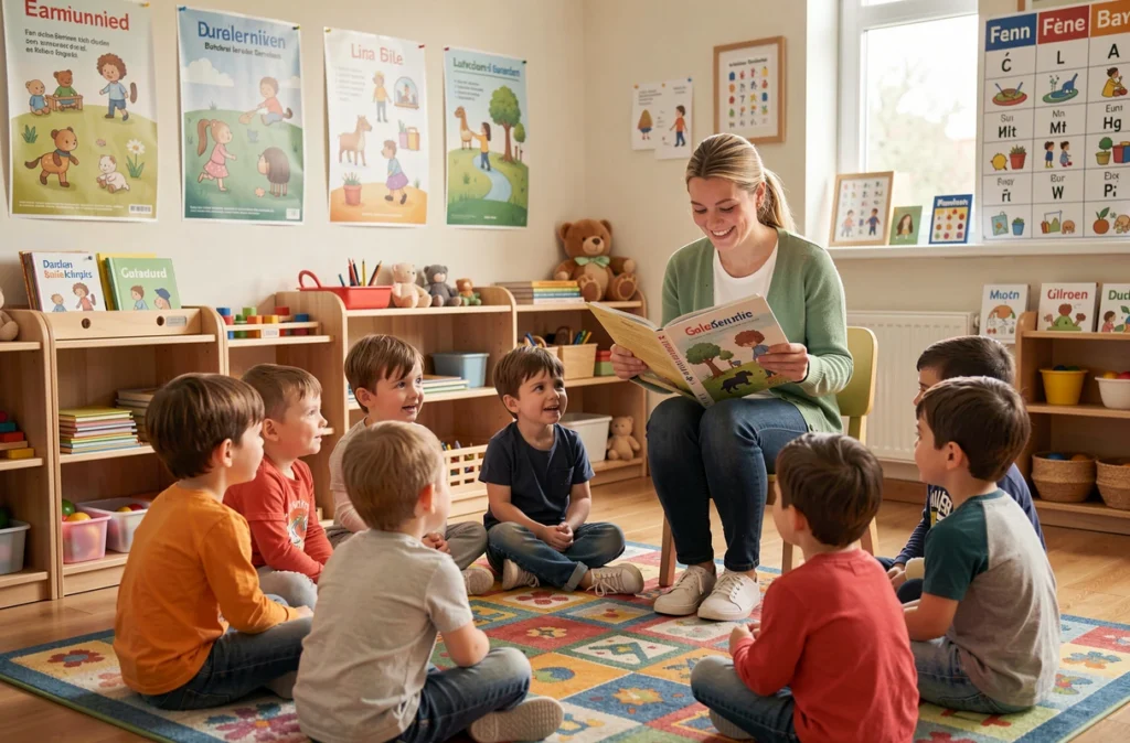 Une enseignante bilingue lisant une histoire à de jeunes enfants dans la salle de classe de la Deutsche Schule internationale à Saint-Cloud