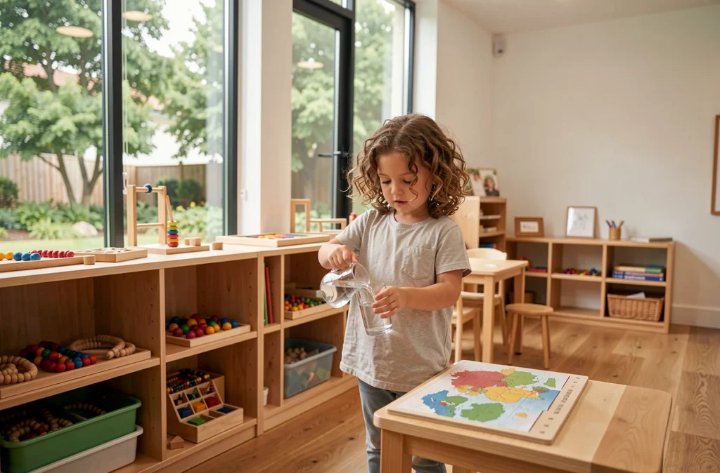 Une élève pratiquant un exercice de vie pratique Montessori dans la salle lumineuse de l'école Beautiful Minds à Puteaux