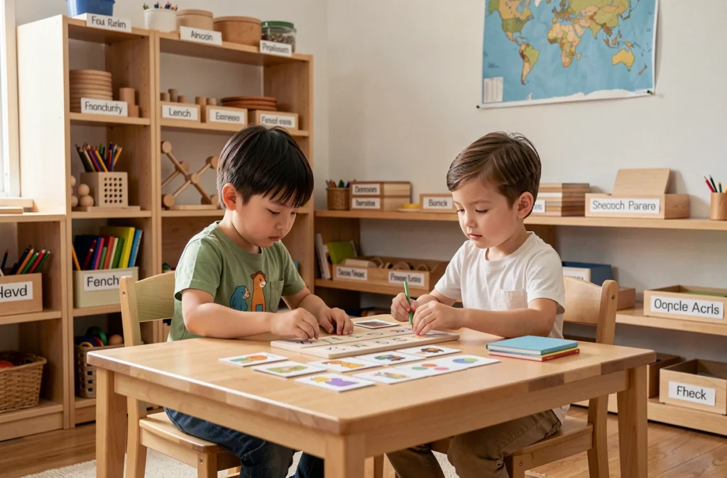 Deux élèves travaillant ensemble sur un exercice de langage bilingue dans la classe de l'école Montessori bilingue de Saint-Cloud