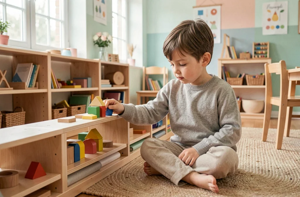 Jeune élève manipulant du matériel Montessori dans la salle de classe apaisante de l'école Montessori Sainte Agnès