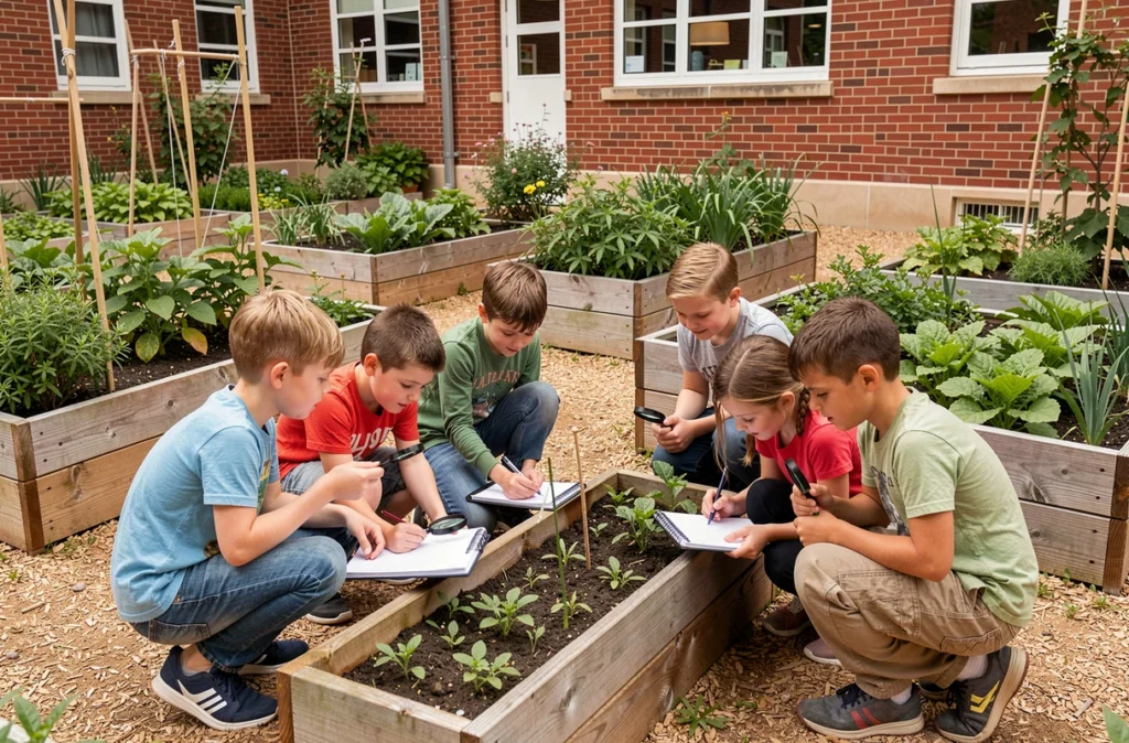 Groupe d'élèves de l'École Nouvelle d'Antony travaillant en collaboration dans le jardin pédagogique de l'établissement