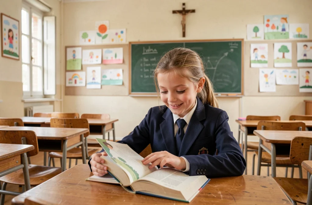 Jeune élève en uniforme lisant attentivement dans une salle de classe de l'école primaire privée Sainte Marie à Antony