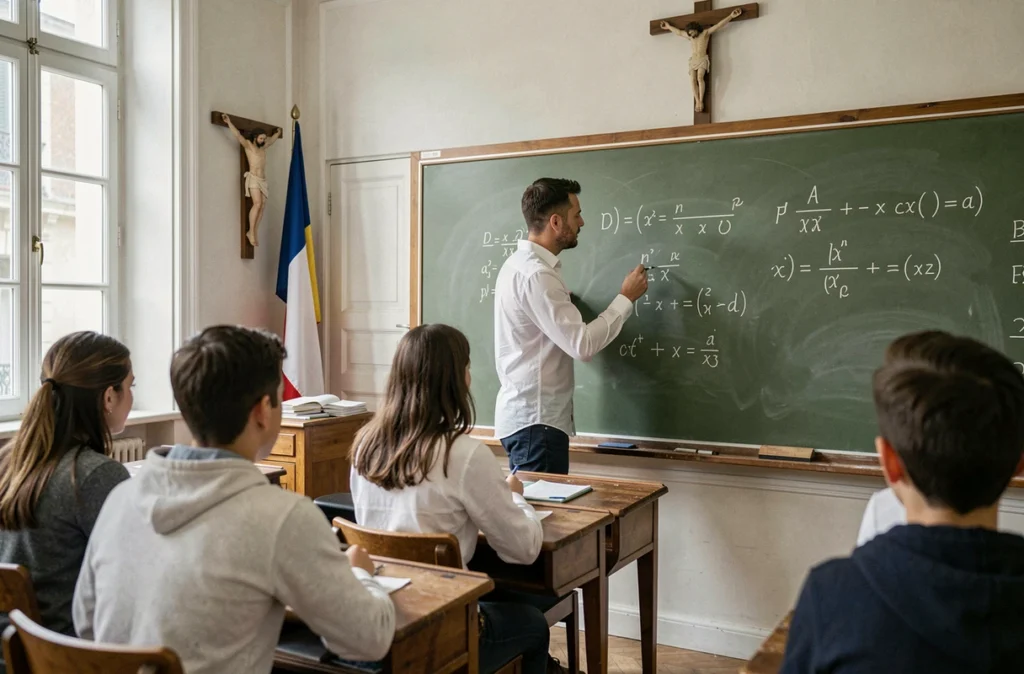 Un enseignant écrivant une leçon de mathématiques au tableau dans une salle de classe de l'école primaire privée Saint Joseph à Puteaux