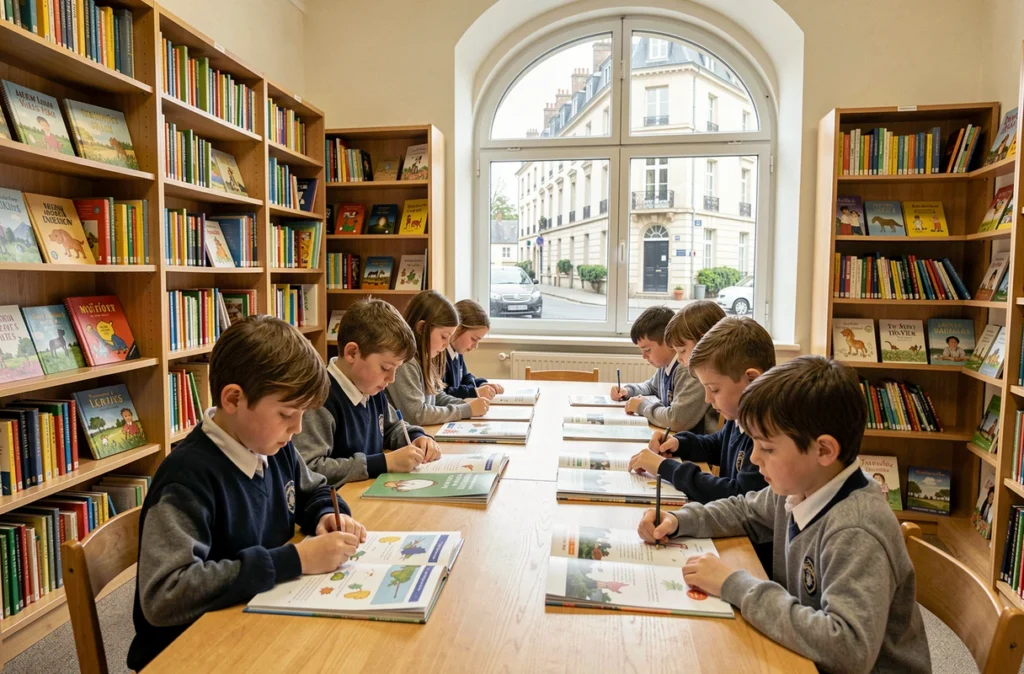 Élèves en uniforme travaillant en groupe dans la bibliothèque de l'école primaire privée Saint Pie X à Saint-Cloud