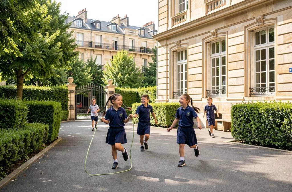 Élèves en uniforme jouant dans la cour de récréation de l'école primaire privée Sainte Geneviève à La Garenne-Colombes