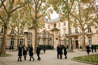 Vue d'ensemble d'une école privée de prestige dans les Hauts-de-Seine avec grilles en fer forgé et cour intérieure animée