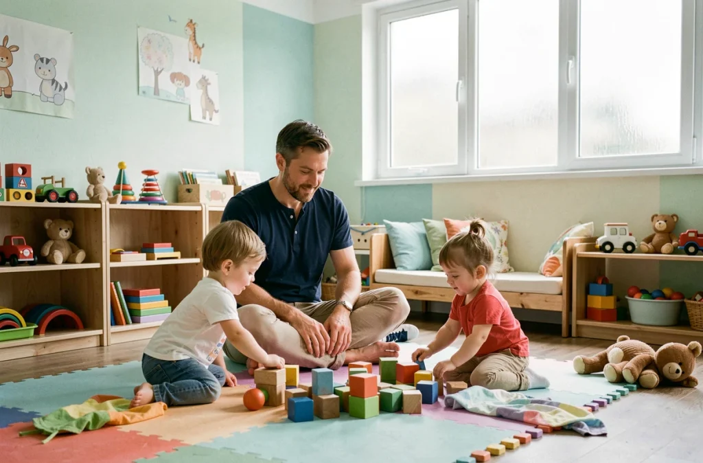 Éducateur de crèche jouant avec des tout-petits sur un tapis de jeu, ambiance bienveillante et sécurisante dans une salle d'activités adaptée aux jeunes enfants