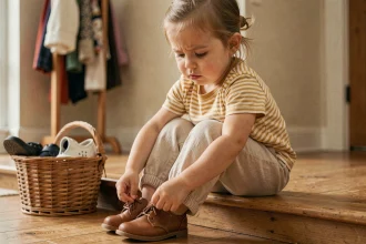 Petite fille de 2 ans en train de mettre ses chaussures seule dans l'entrée de la maison, favorisant son autonomie au quotidien