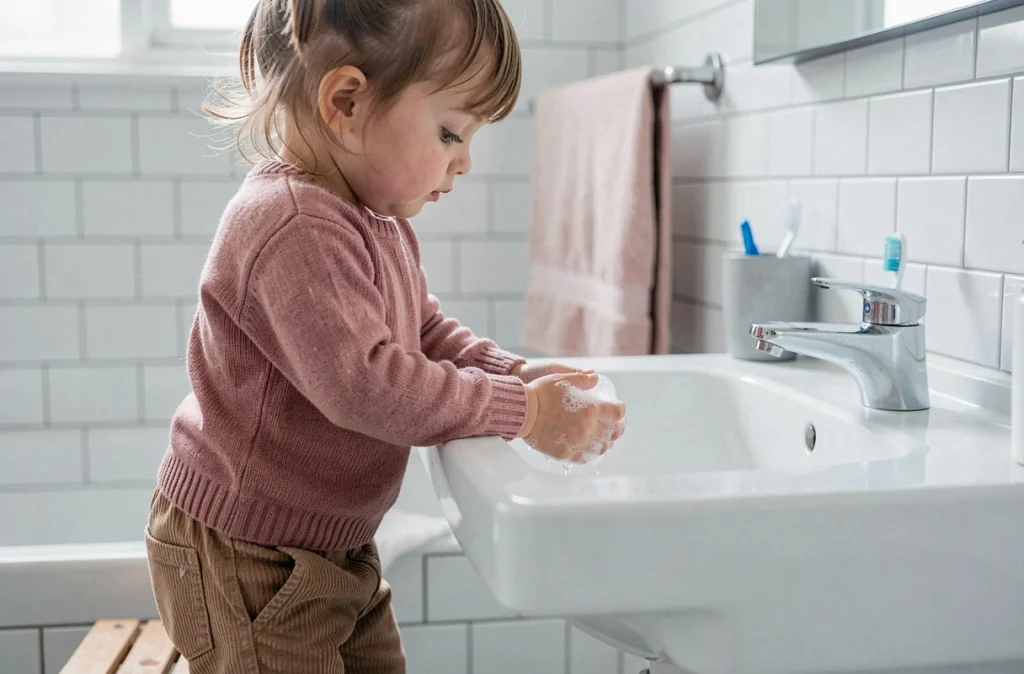Petite fille de 3 ans se lavant les mains seule dans la salle de bain, exemple concret d'autonomie chez les tout-petits