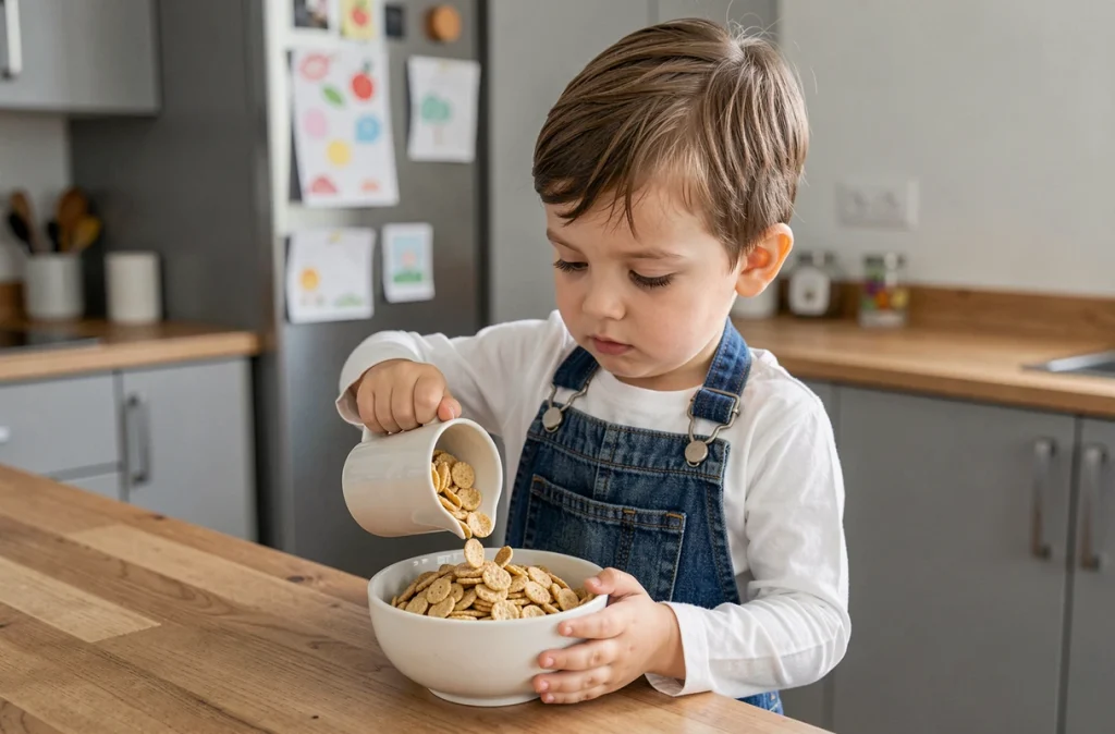 Petit garçon de 3 ans se préparant son petit-déjeuner seul dans la cuisine, illustration de l'autonomie des tout-petits au quotidien