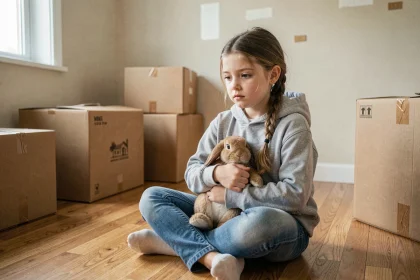 Petite fille assise sur le sol entourée de cartons de déménagement, tenant un doudou, expression mélancolique dans une pièce vide