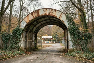 Entrée abandonnée du Parc des Schtroumpfs en Lorraine, envahie par la végétation et la rouille, atmosphère mélancolique d'un parc à thème disparu
