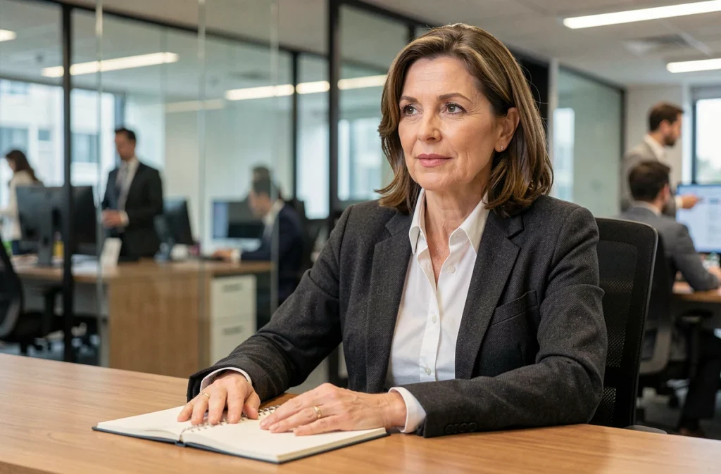 Femme élégante et professionnelle assise dans un bureau éditorial moderne, évoquant le profil discret de l'épouse de Vincent Hervouët