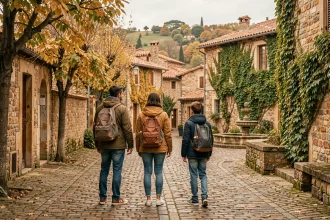 Famille en vacances scolaires d'octobre explorant un village médiéval français aux ruelles pavées et aux façades en pierre