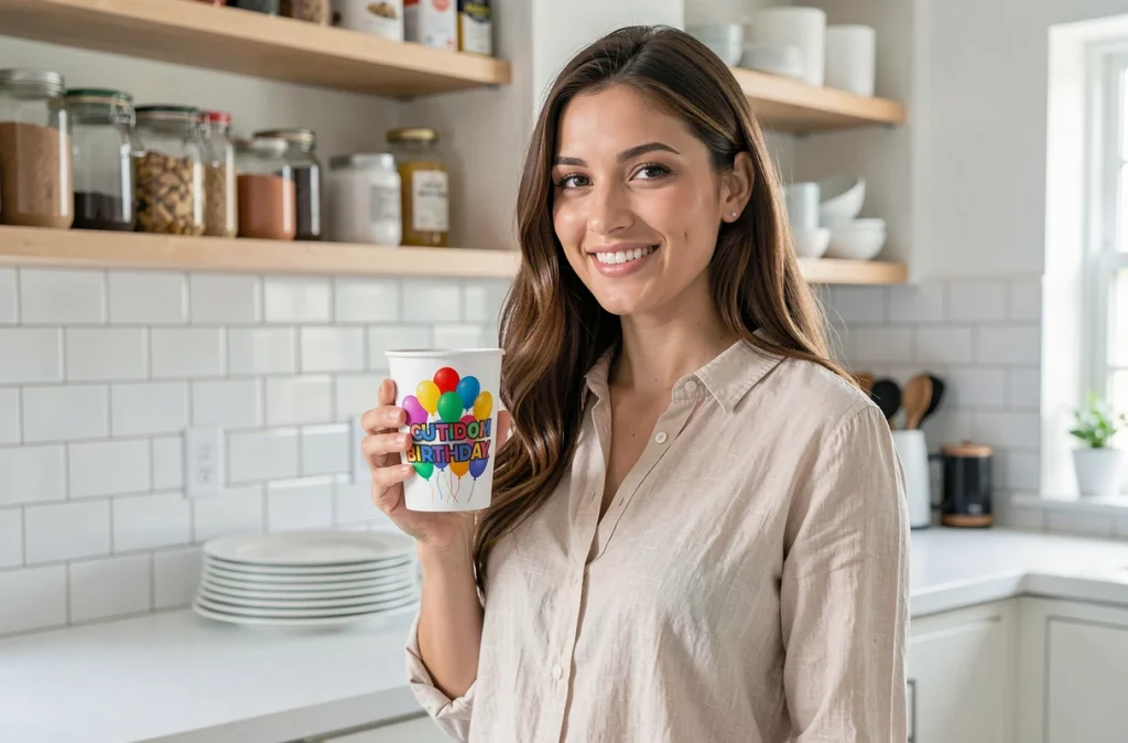 Femme tenant un gobelet personnalisé anniversaire dans une cuisine moderne