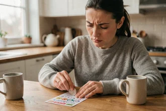 Femme grattant un jeu à gratter personnalisé à table, expression concentrée, ambiance cuisine moderne