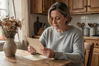 Femme tenant une lettre manuscrite en souvenir de sa maman disparue, expression douce et mélancolique dans une cuisine chaleureuse