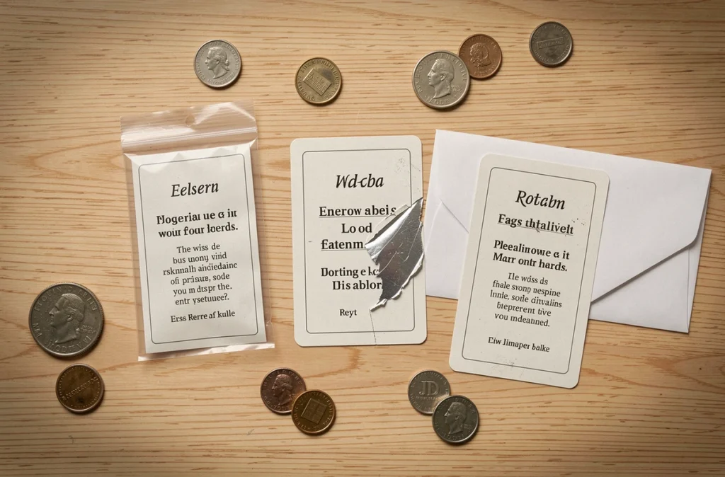 Vue aérienne de jeux à gratter personnalisés sur table en bois, différents états de grattage, pièces de monnaie