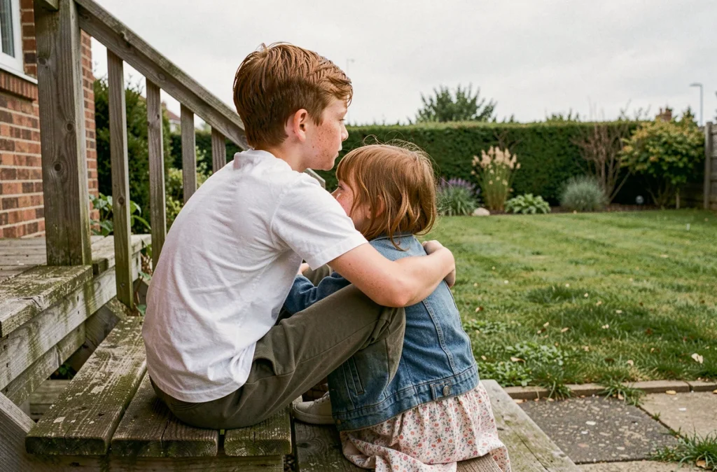 Deux enfants assis sur les marches d'une maison contemplant le jardin lors d'un déménagement, atmosphère nostalgique et fraternelle