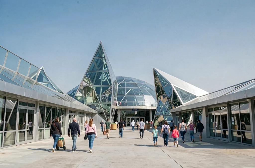 Vue extérieure du parc Futuroscope à Poitiers avec son architecture futuriste et ses visiteurs en famille