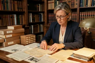 Femme généalogiste étudiant des coupures de presse et documents d'archives anciens sur un bureau en bois dans une bibliothèque privée