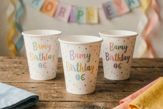 Gobelets personnalisés anniversaire avec prénoms et motifs festifs posés sur une table en bois