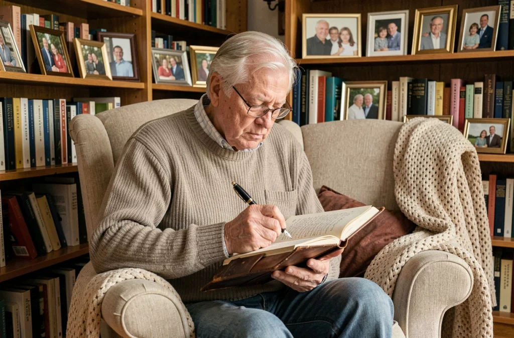 Grand-père concentré écrivant un poème dans un carnet en cuir pour la fête des pères dans une bibliothèque cosy