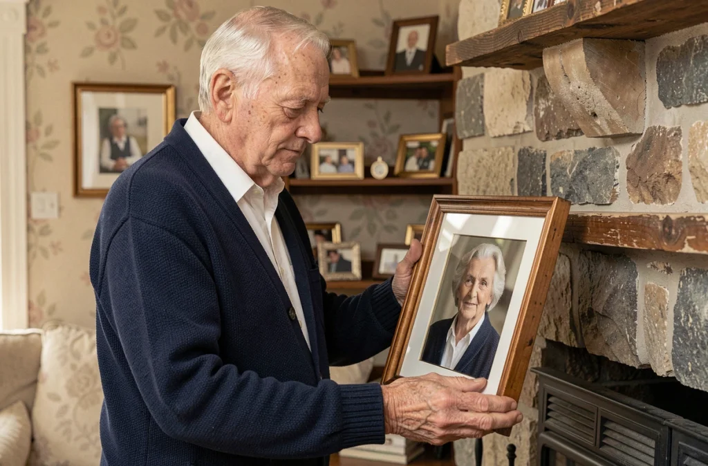 Homme âgé tenant le portrait encadré de sa maman devant une cheminée, moment de recueillement intime dans un salon chaleureux