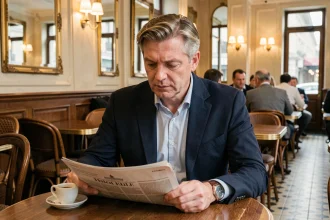 Homme élégant d'âge mûr lisant un journal dans une brasserie parisienne, illustrant les rumeurs et spéculations médiatiques sur des personnalités publiques
