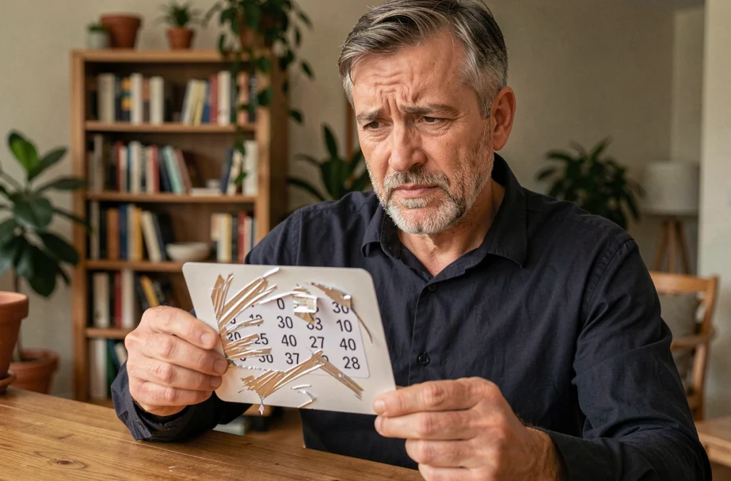 Homme tenant un jeu à gratter personnalisé mal gratté, expression déçue, intérieur chaleureux