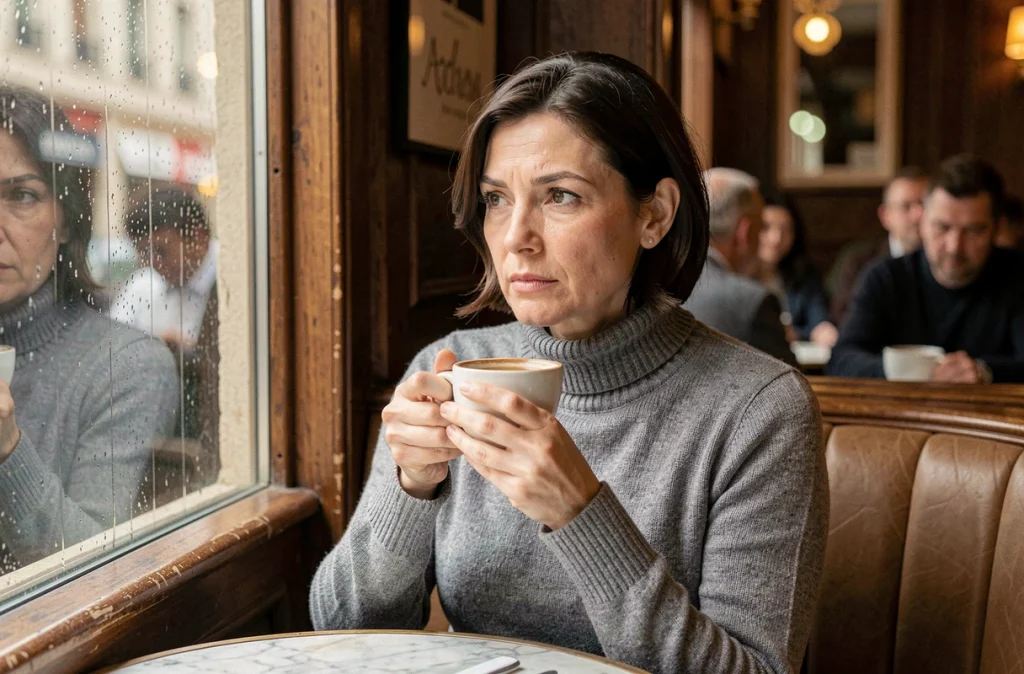 Femme pensive assise dans un café parisien tenant un café, regard tourné vers la fenêtre sous la pluie, évoquant intimité et discrétion