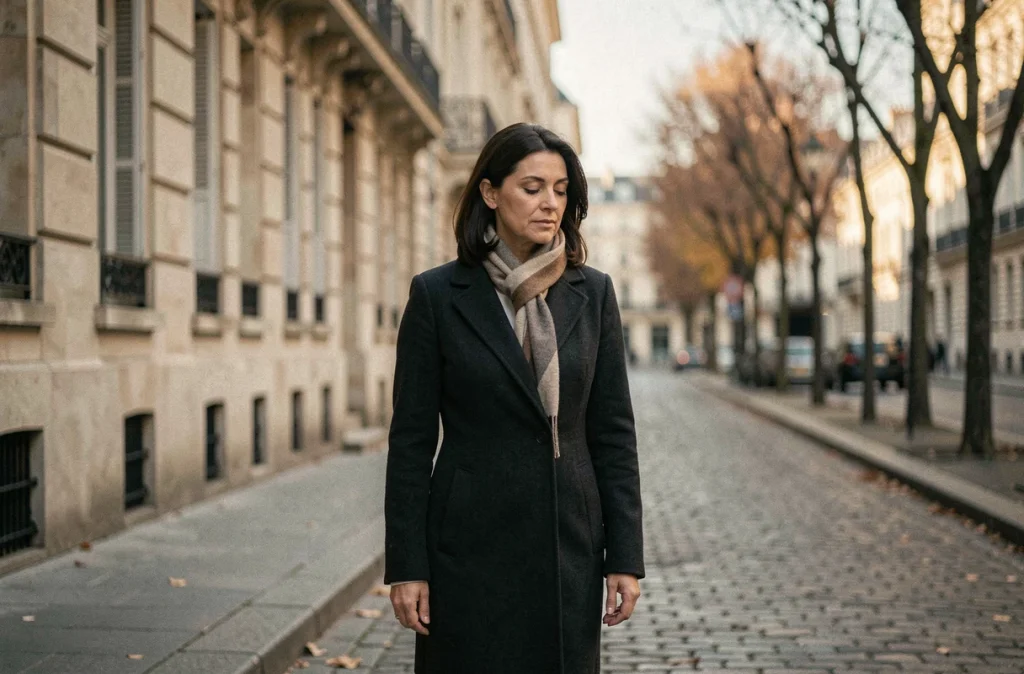 Femme élégante marchant seule dans une rue parisienne en automne, symbolisant discrétion et vie privée préservée