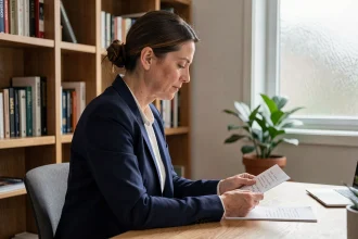 Journaliste femme assise dans un bureau privé, tenant des notes manuscrites, incarnant la discrétion et la vie professionnelle personnelle