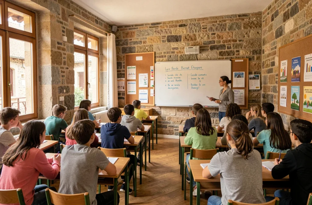 Salle de classe du Lycée Bernat Etxepare à Bayonne avec élèves en cours d'enseignement bilingue français-basque