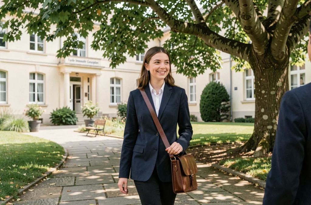 Élève du Lycée Immaculée Conception Beau-Frêne à Pau marchant dans la cour arborée de l'établissement